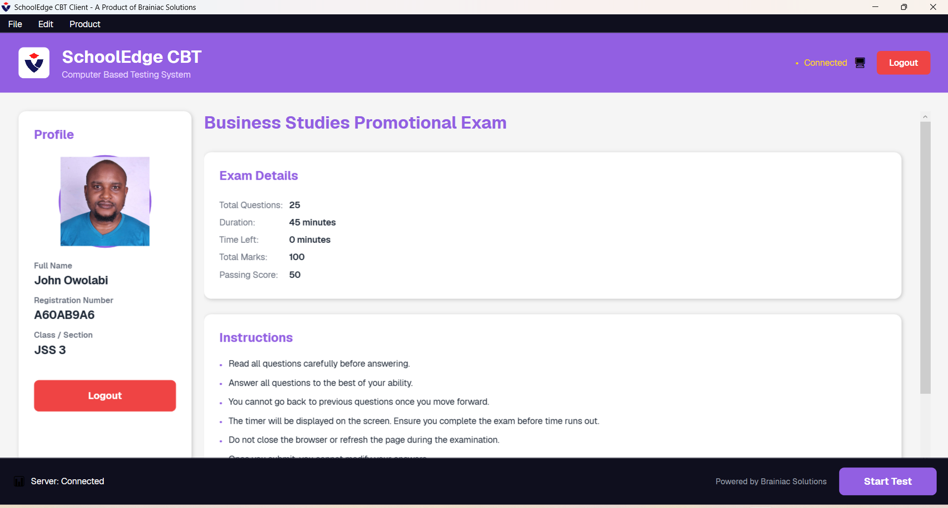 Candidate exam instructions
