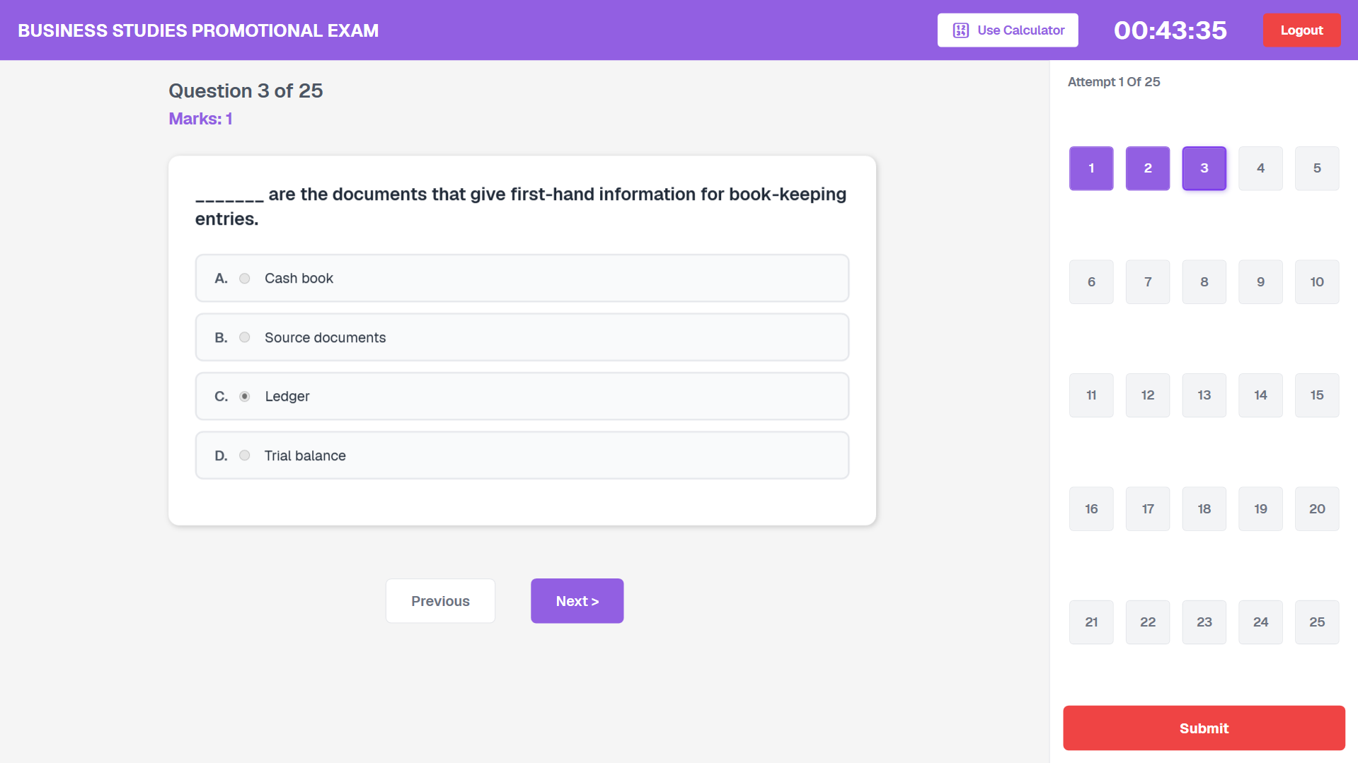 Live examination question screen