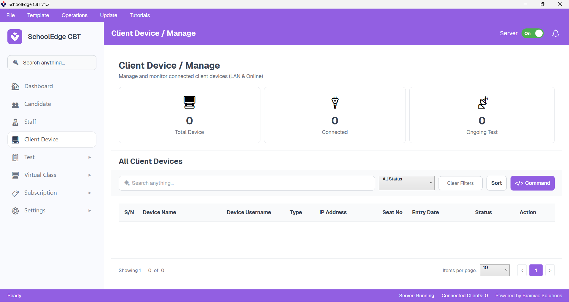 Client device management screen