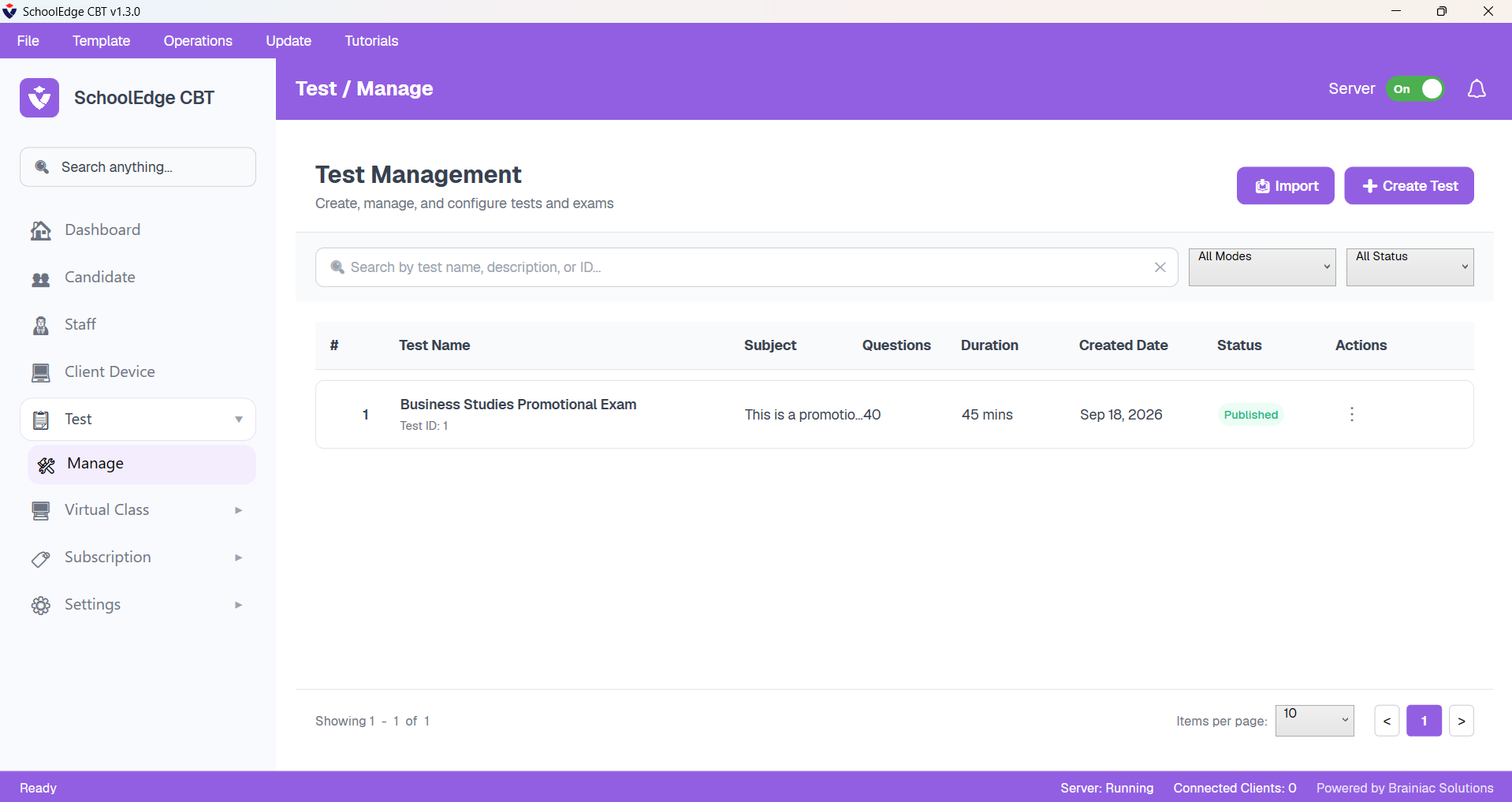 Exam / test management screen