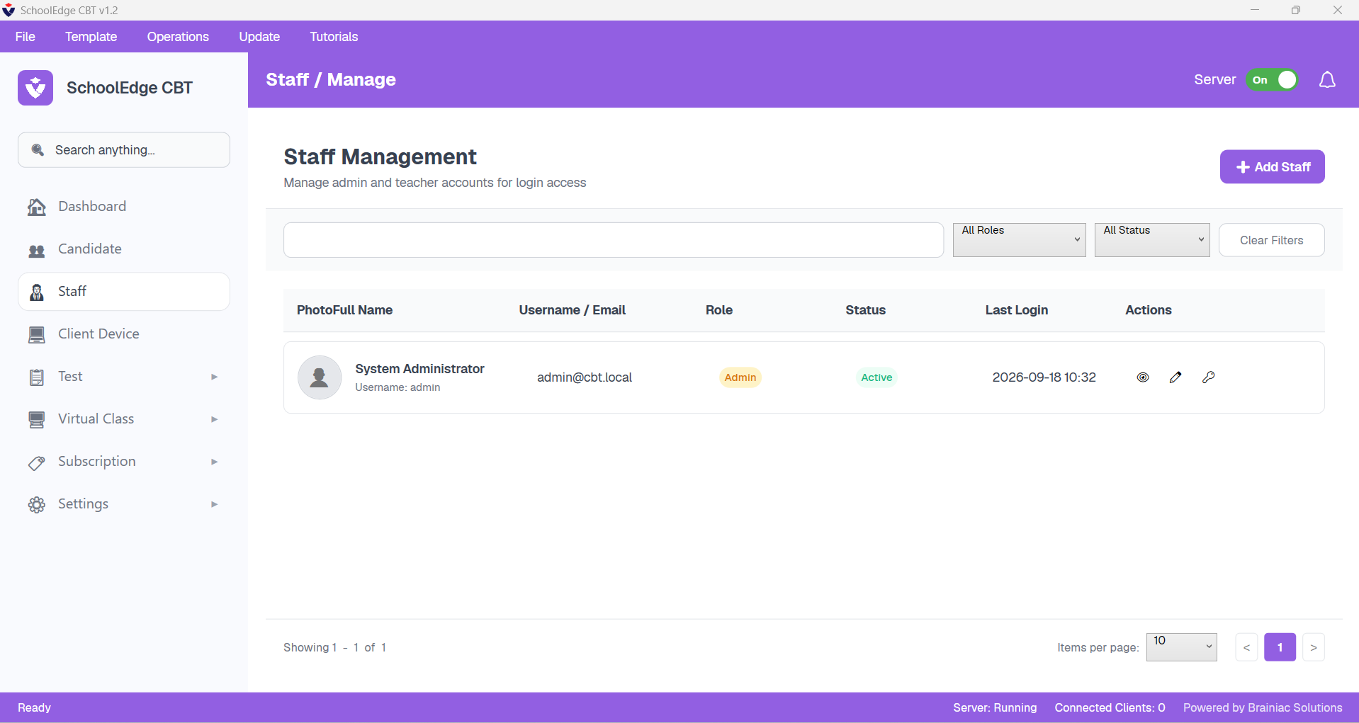 Staff management screen